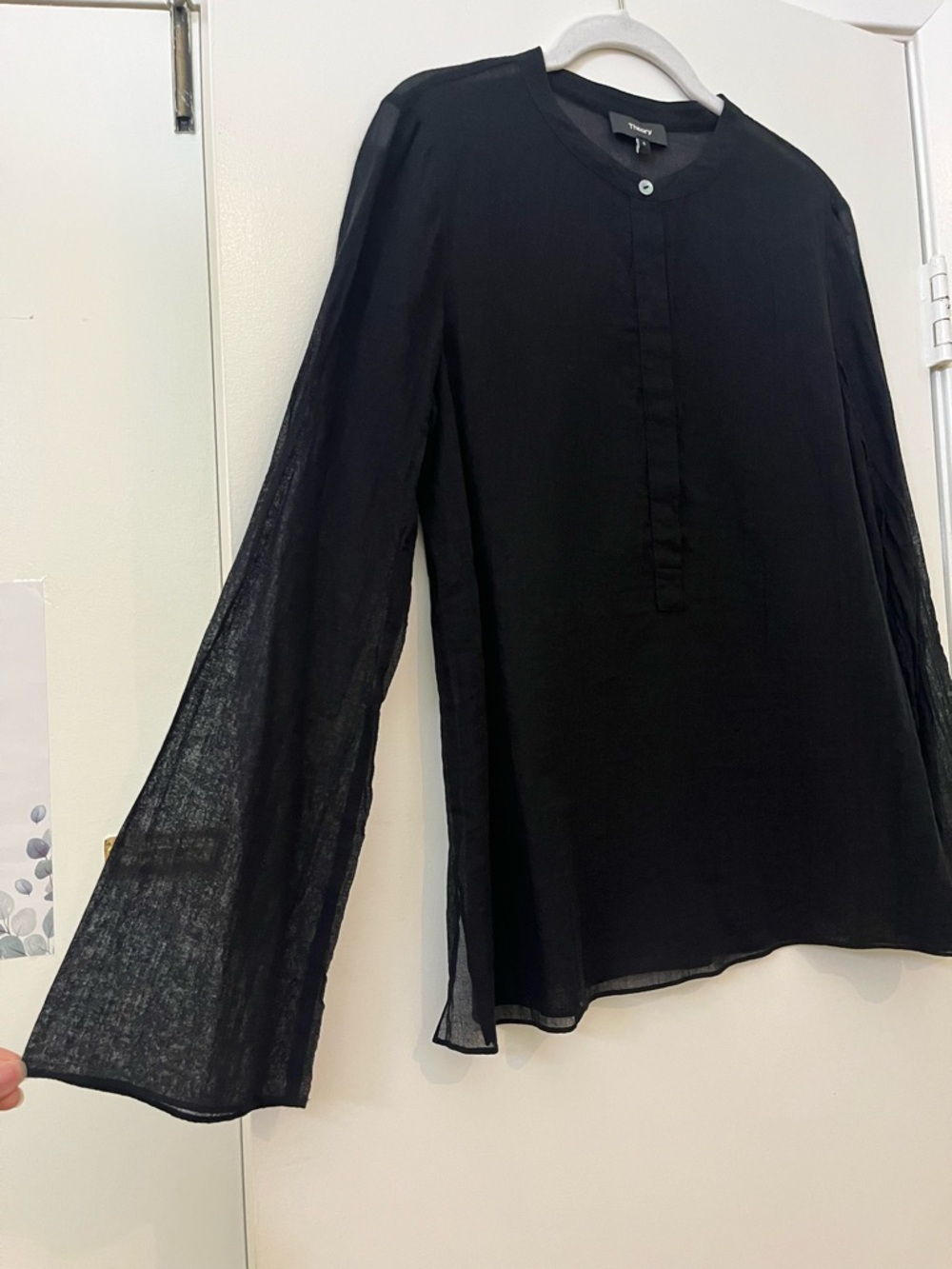 Theory Black Long Sleeve Trapeze Popover Semi-Sheer Blouse